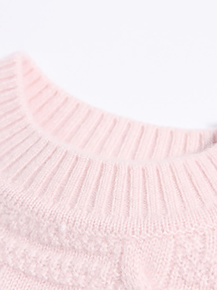 Pink Rose Embroidered Girls Cozy Cable Knit Cashmere Sweater